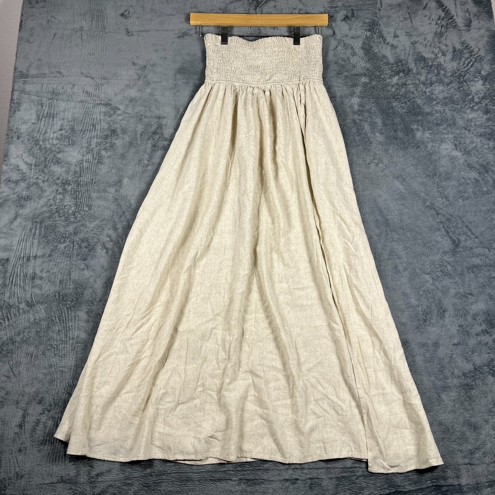 Fashion Nova Layla Linen Maxi Skirt Womens Medium Beige Smocked Waist Slit Front